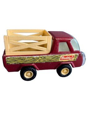 Vintage Buddy L Metal Toy Truck Red/Yellow w/ Wood Pattern Decal Japan 4.5"